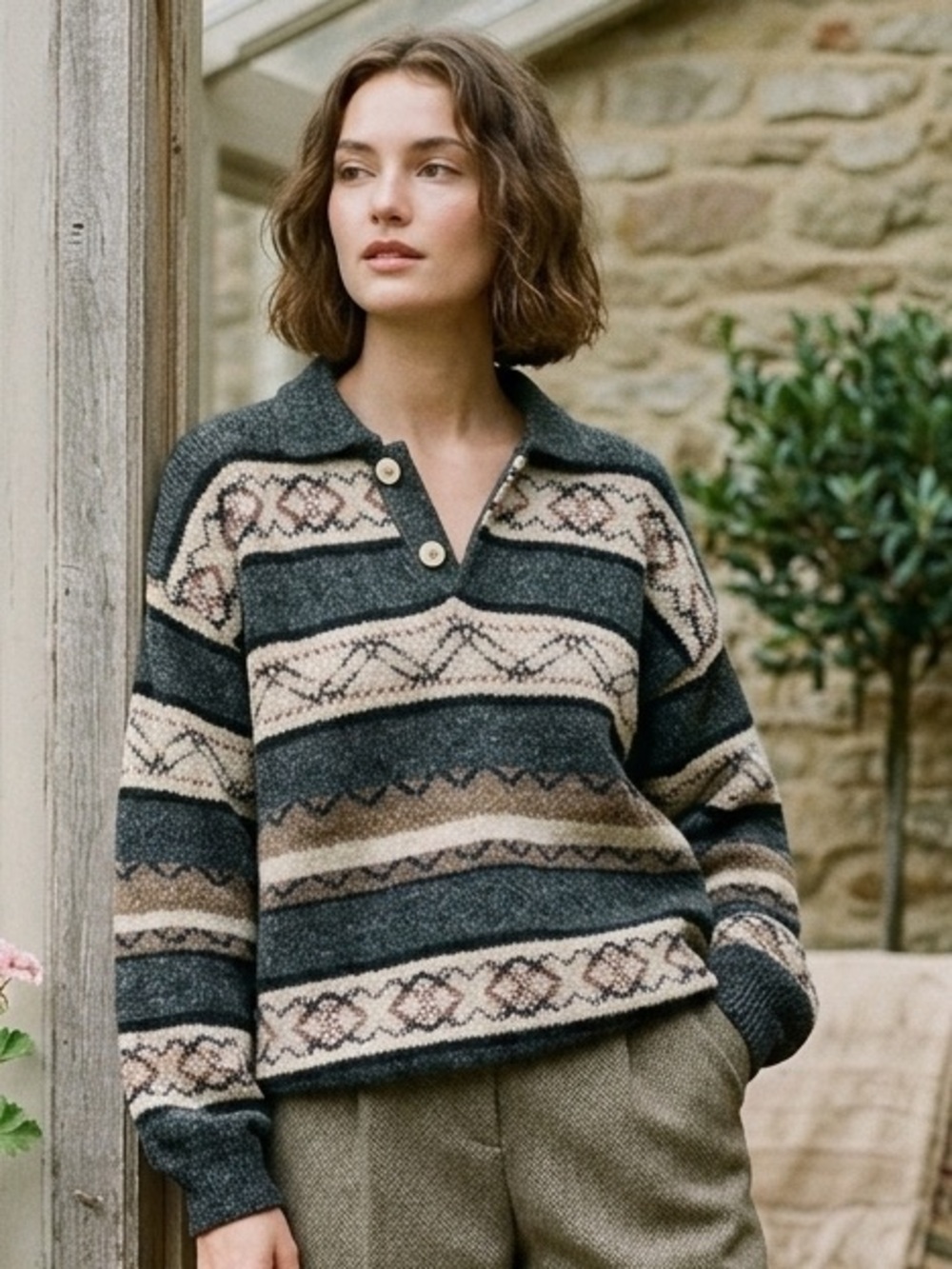 Vintage Nordic style striped gray grandpa sweater, Etchings brand
